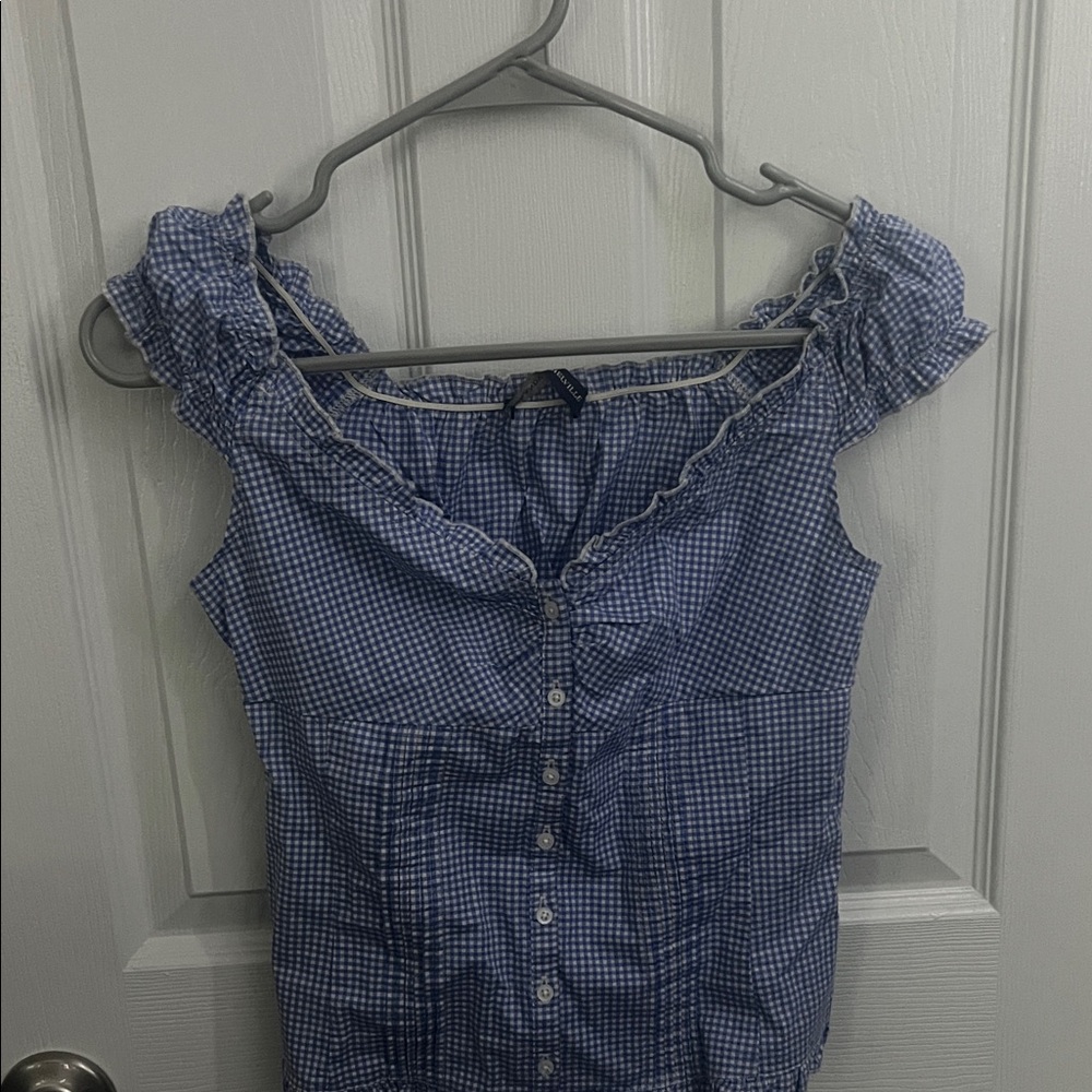 Brandy Melville Blue Checkered Ruffle Blouse